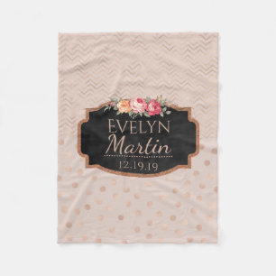 Rose Gold Chevrons Polka Dots   Monogrammed Floral Fleece Blanket