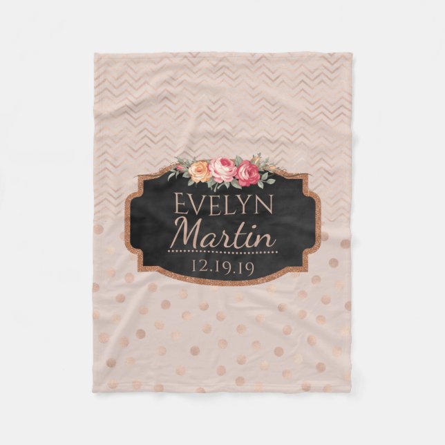 Rose Gold Chevrons Polka Dots | Monogrammed Floral Fleece Blanket (Front)