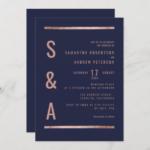 Rose gold chic navy blue geometric stripes wedding invitation
