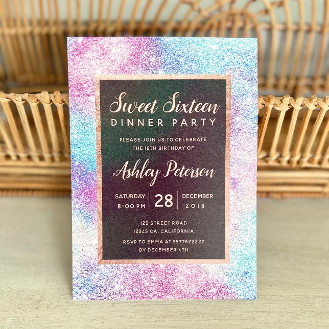 rose gold chic nebula glitter typography Sweet 16 Invitation (rose gold chic nebula glitter typography Sweet 16 Invitation)