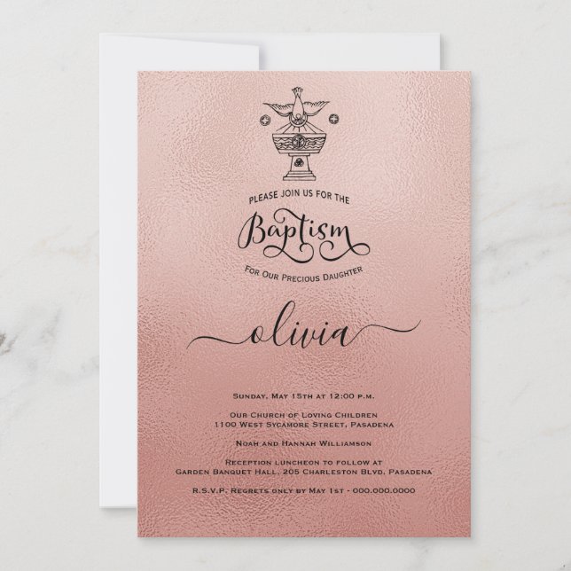 Rose Gold Christening Baptism  Invitation (Front)