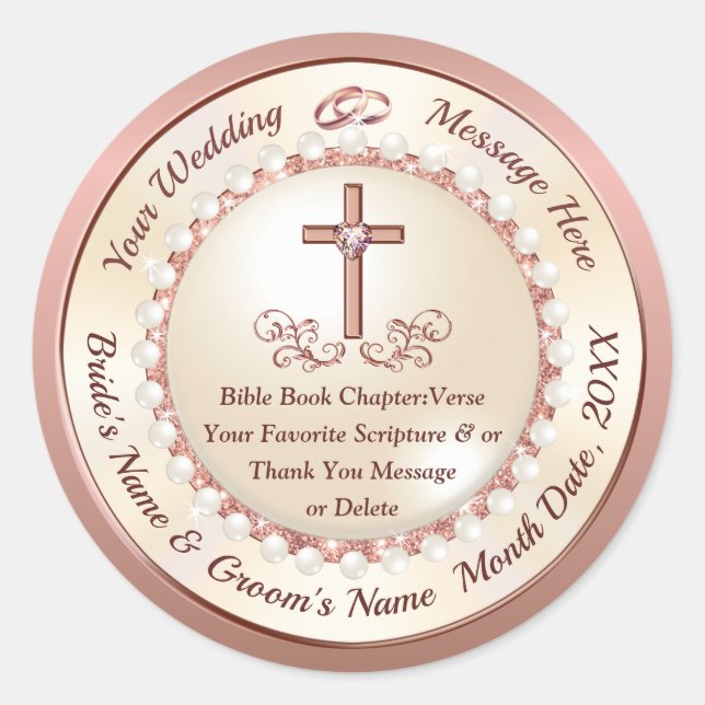 Rose Gold, Christian Wedding Favours Stickers (Front)