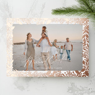 Rose Gold Christmas Botanical Photo Frame Foil Holiday Card