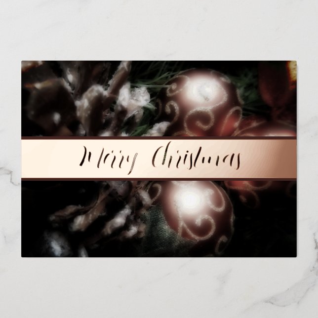 Rose gold Christmas ornaments custom Foil Holiday Card (Front)