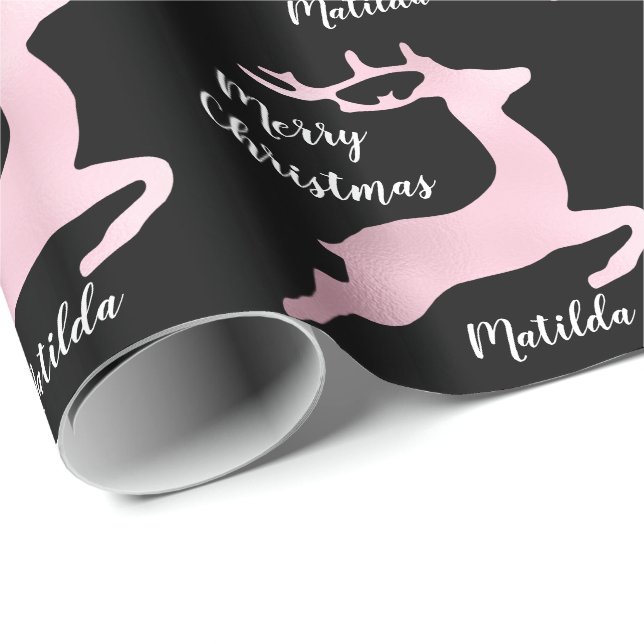 Rose Gold Christmas reindeer pattern personalised Wrapping Paper (Roll Corner)