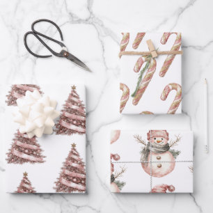 Rose Gold Christmas Tree Candy Canes Snowman Wrapping Paper Sheet