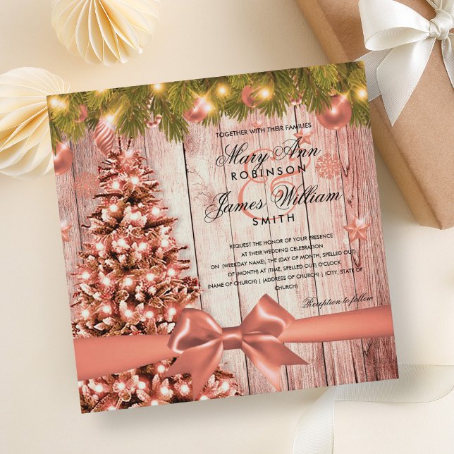 Rose Gold Christmas Wedding Tree, Lights & Ribbon Invitation (Rose Gold Christmas Wedding Tree, Lights & Ribbon Invitation)