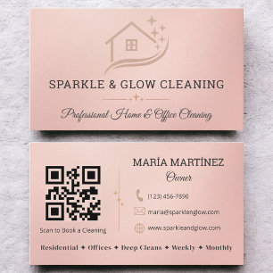 Rose Gold Cleaning Service House QR Code Sparkle Business Card