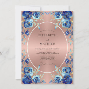 Rose Gold Cobalt Floral Elegant Wedding Invitation