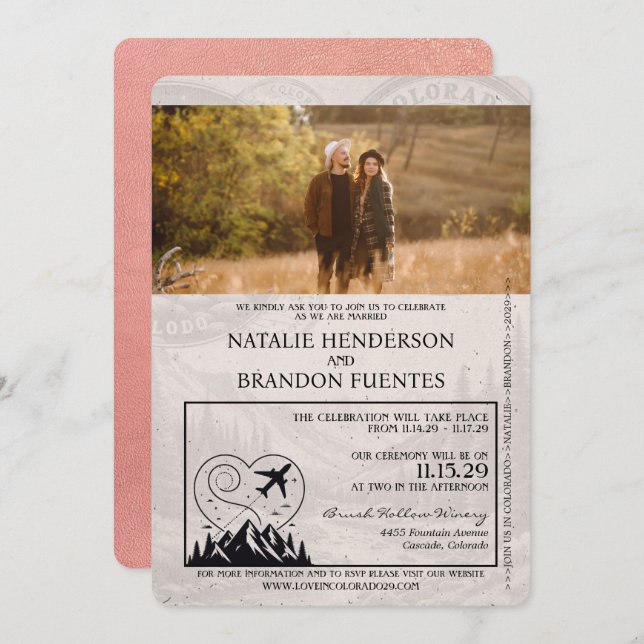 Rose Gold Colorado Passport Wedding Invitation (Front/Back)
