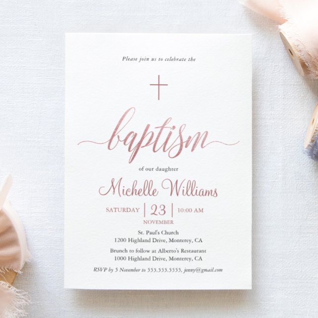 Rose Gold Colour Calligraphy Baptism Invitation (Creator Uploaded)