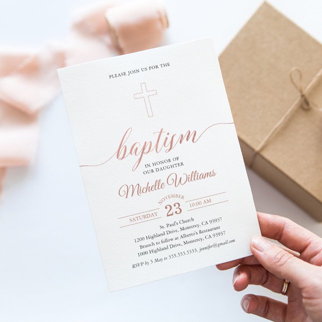Rose Gold Colour Calligraphy Baptism Invitation (Creator Uploaded)