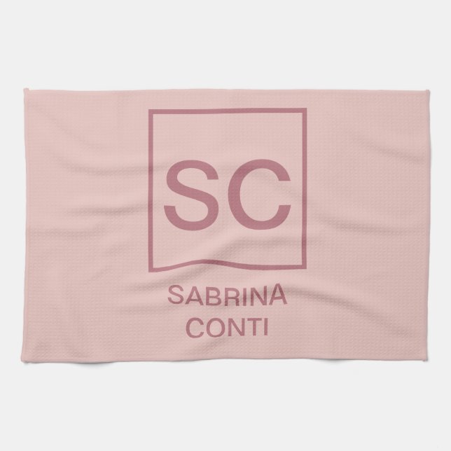 Rose gold colour professional simple monogram name tea towel (Horizontal)