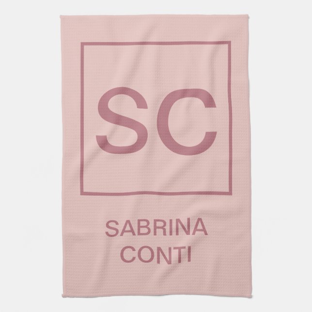 Rose gold colour professional simple monogram name tea towel (Vertical)