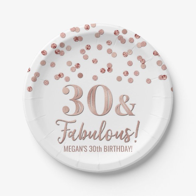Rose Gold Confetti 30 and Fabulous Paper Plate (Front)