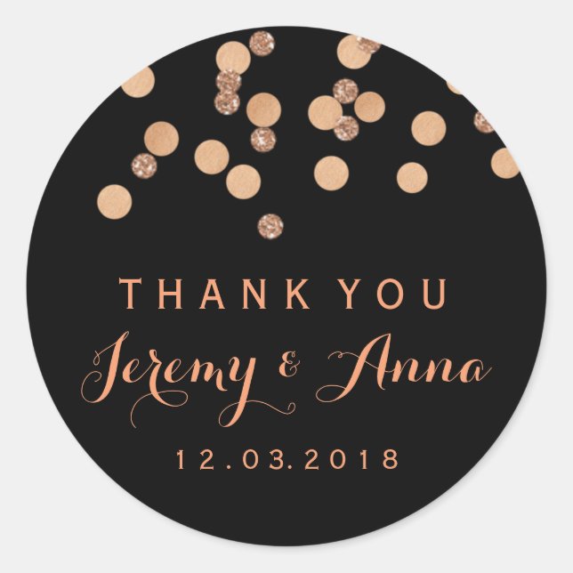 Rose Gold Confetti Black Thank you  sticker (Front)
