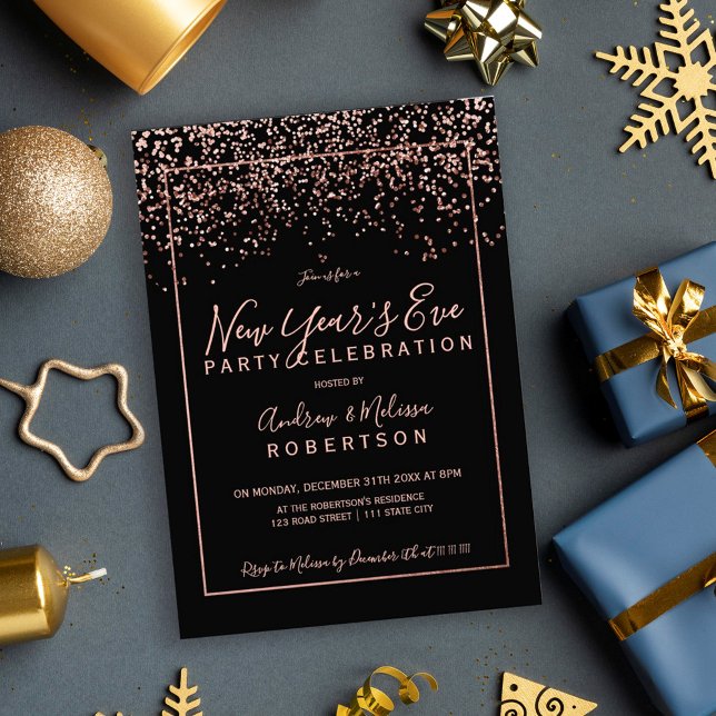Rose gold confetti black typography New Year Invitation (Creator Uploaded)
