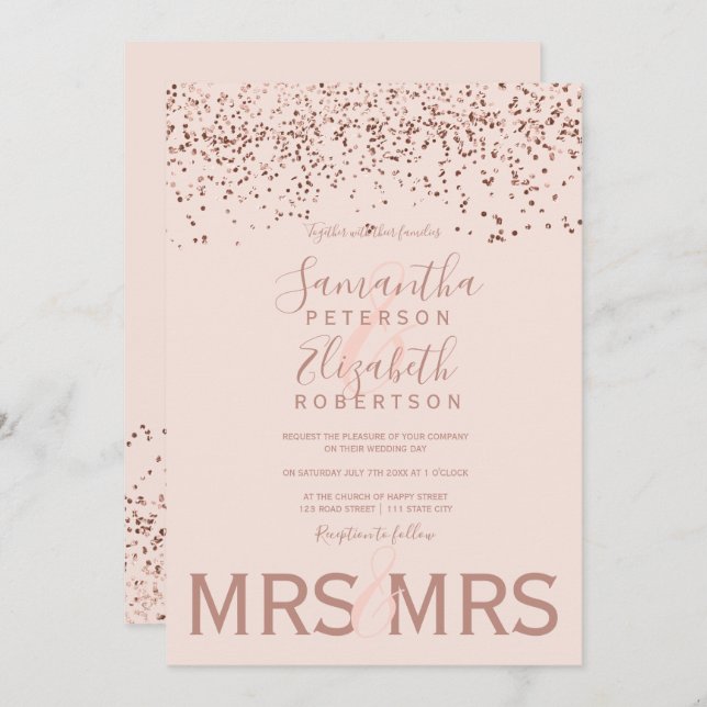 Rose gold confetti blush pink lesbian wedding invitation (Front/Back)