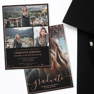 Rose gold confetti border script photo graduation invitation
