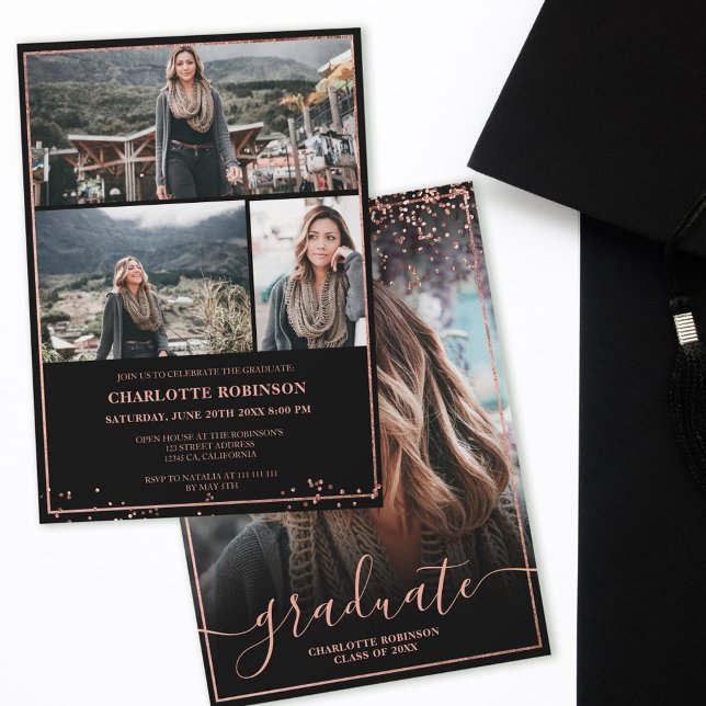 Rose gold confetti border script photo graduation invitation (Creator Uploaded)