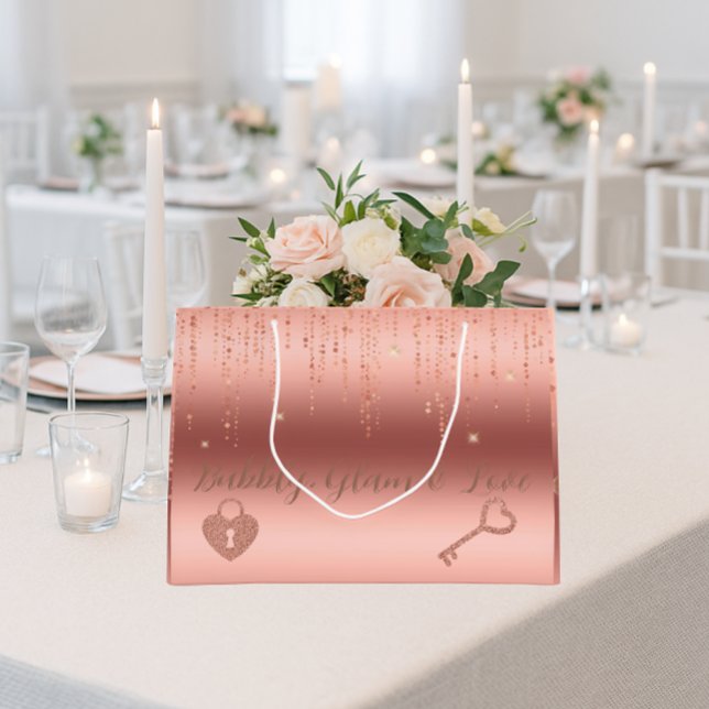 Rose Gold Confetti Bridal Shower  Large Gift Bag (Bubbly, glam & love — the perfect rose gold sparkle bag for luxe bridal shower gifting)