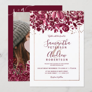 Rose gold confetti burgundy floral photo wedding invitation