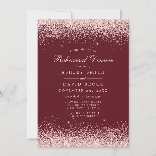 Rose Gold Confetti Burgundy Modern Rehearsal Invitation (Front)
