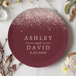 Rose Gold Confetti Burgundy Modern Wedding Paper Plate