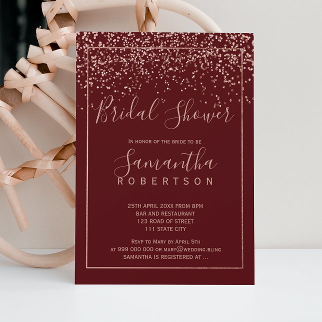 Rose gold confetti burgundy script bridal shower invitation (Creator Uploaded)
