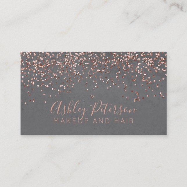 Rose gold confetti cement hair makeup typography business card (Front)