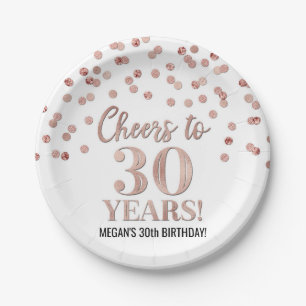 Rose Gold Confetti Cheers to 30 Years Birthday Paper Plate