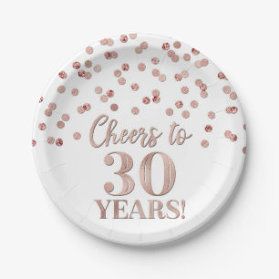Rose Gold Confetti Cheers to 30 Years Birthday Paper Plate