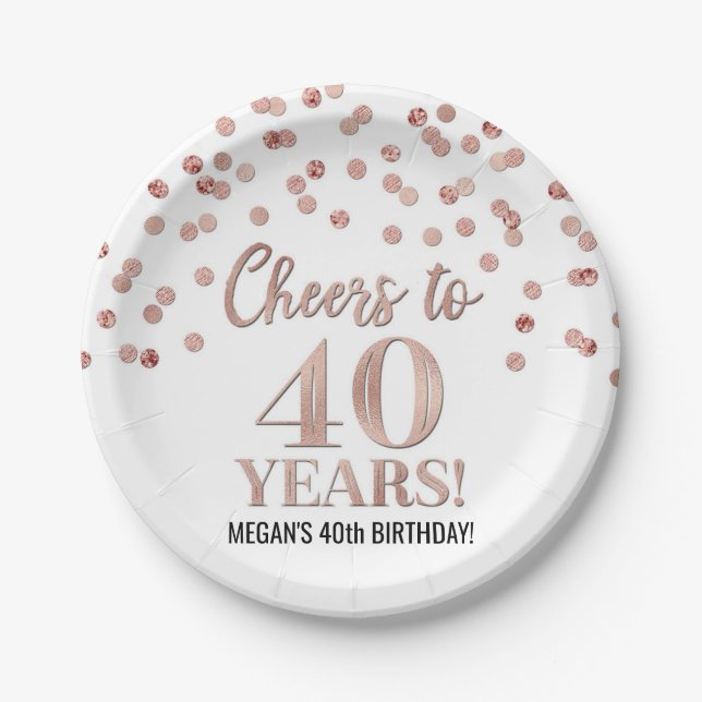 Rose Gold Confetti Cheers to 40 Years Birthday Paper Plate (Front)