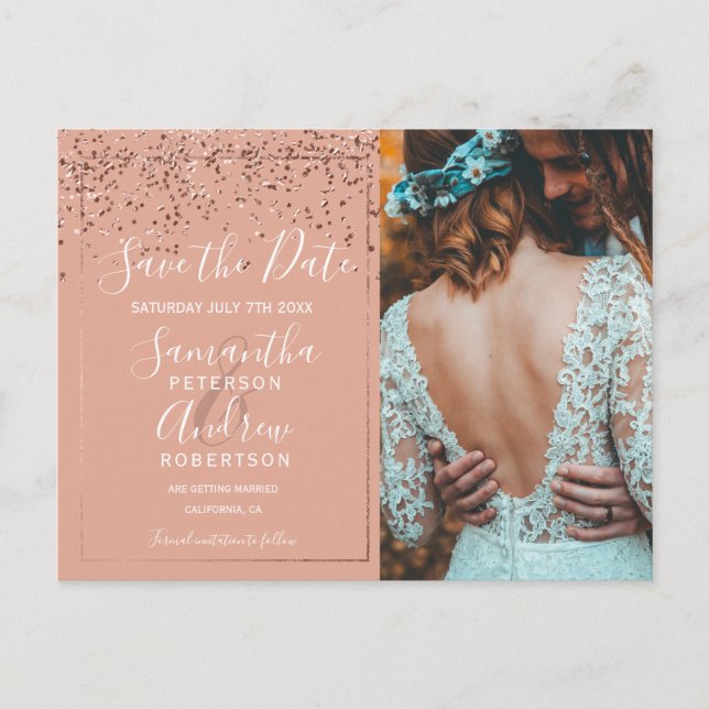 Rose gold confetti coral save the date photo postcard (Front)