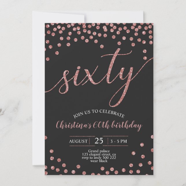 Rose Gold Confetti Elegant 60th Birthday Women Invitation (Front)