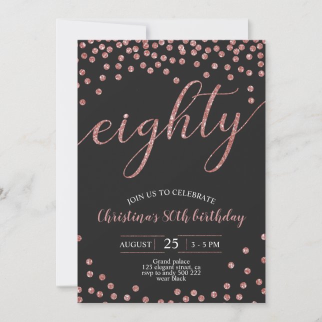 Rose Gold Confetti Elegant 80th Birthday Women Invitation (Front)