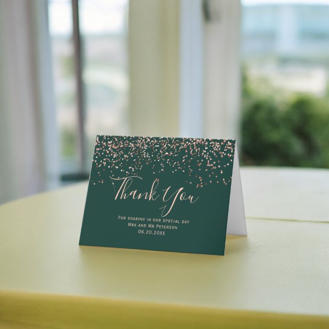 Rose gold confetti emerald typography thank you card (Rose gold confetti emerald typography thank you card)