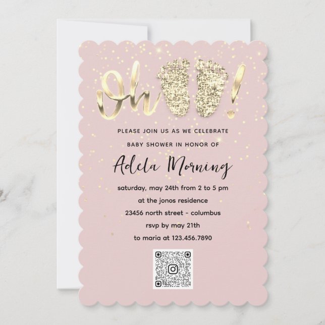Rose Gold Confetti Feet Baby Girl  QR CODE   Invitation (Front)