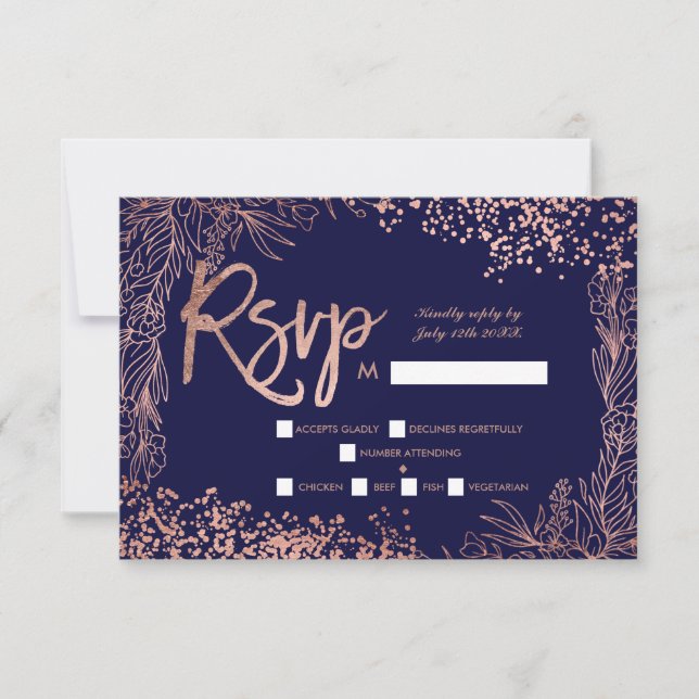 Rose gold confetti floral navy blue rsvp wedding (Front)
