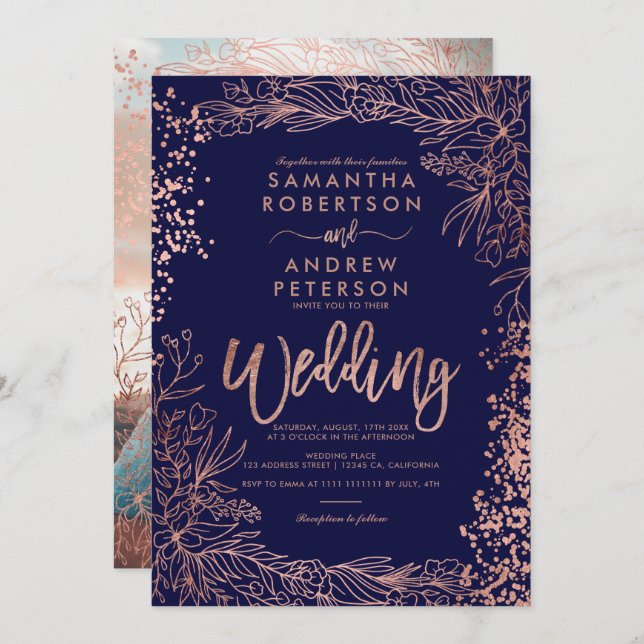Rose gold confetti floral navy blue wedding invitation (Front/Back)