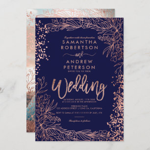 Rose gold confetti floral navy blue wedding invitation