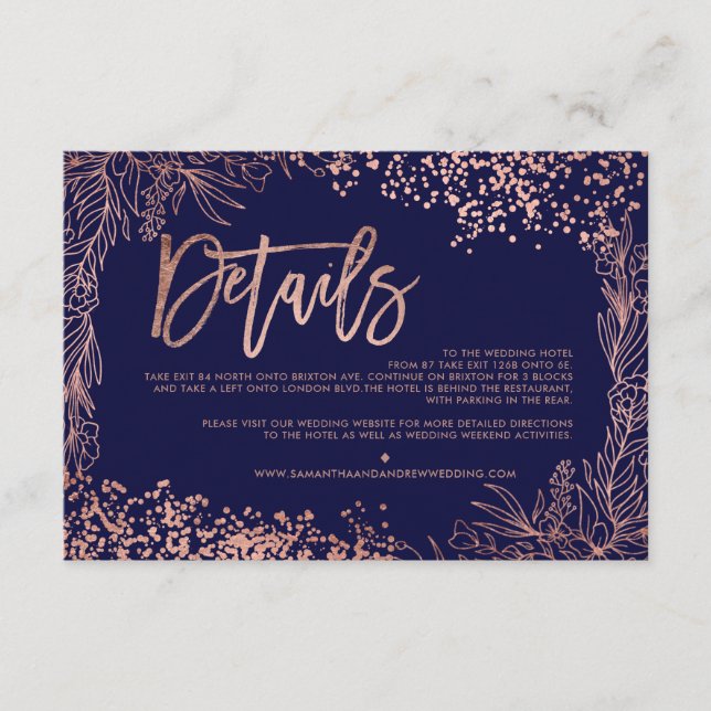 Rose gold confetti floral wedding direction enclosure card (Front)