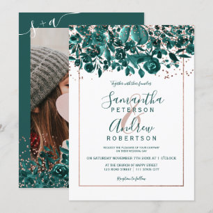 Rose gold confetti green chic floral photo wedding invitation