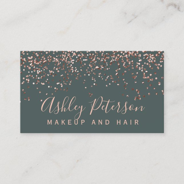 Rose gold confetti green chic typography business card (Front)