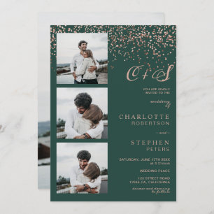 Rose gold confetti green initials photos wedding invitation