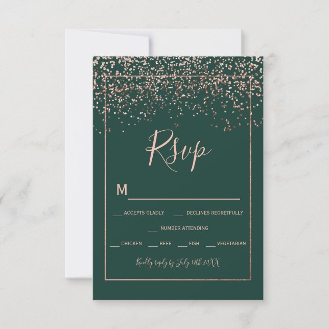 Rose gold confetti green typography rsvp (Front)