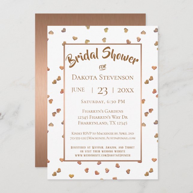 Rose Gold Confetti Hearts Modern Bridal Shower Invitation (Front/Back)