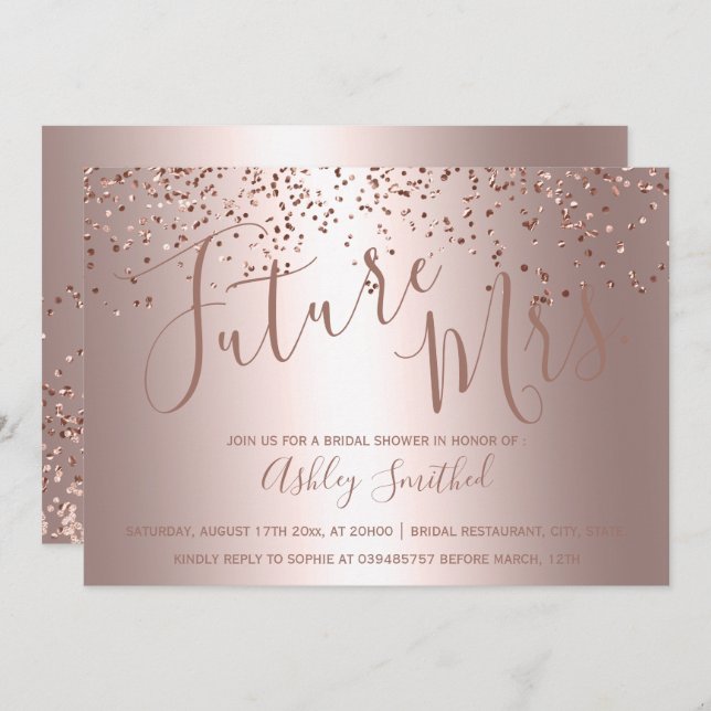 Rose gold confetti metallic Mrs bridal shower Invitation (Front/Back)