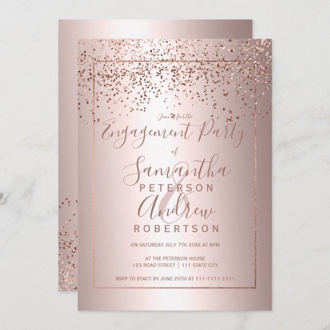 Rose gold confetti metallic typography engagement invitation (Front/Back)