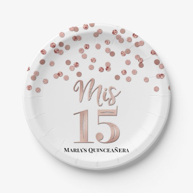 Rose Gold Confetti Mis 15 Quinceanera Paper Plate (Front)
